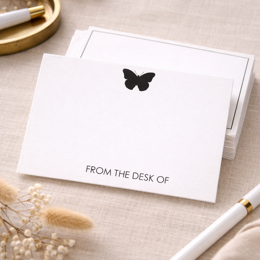 Customized -From The Desk Of - Butterfly - Notecards – Set of Personalized Flat Textured Notecards - Black